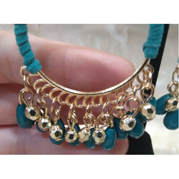 Woven Bohemian Tasseled Earrings In Teal - Picture 5 of 6